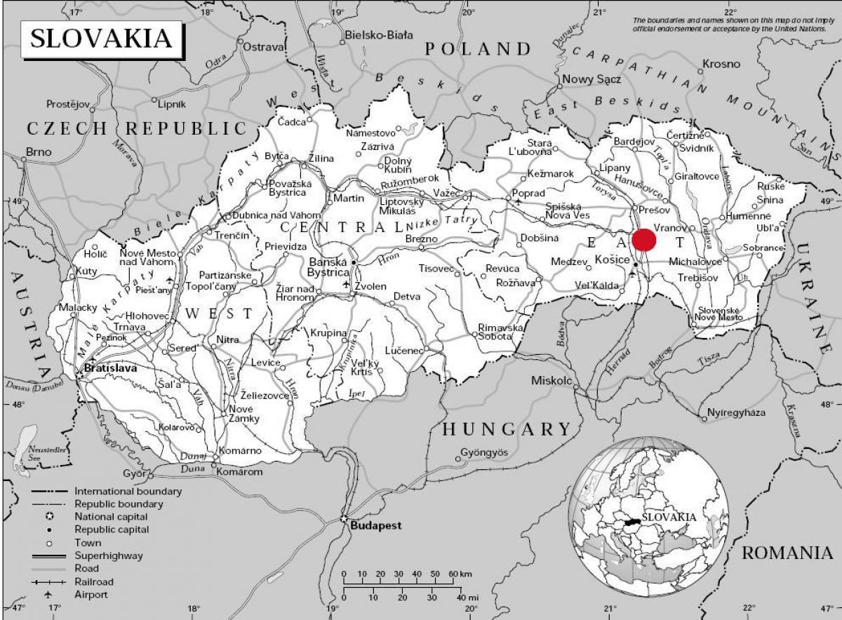 kort over det østlige Slovakiet