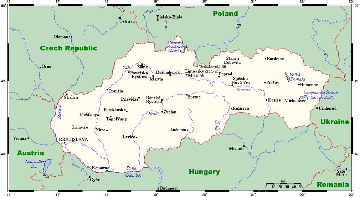 kort over Slovakiet med byer