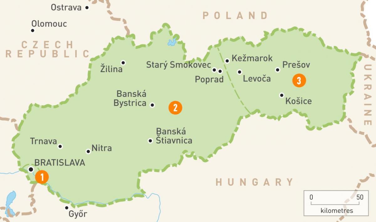 kort over Slovakiet regioner